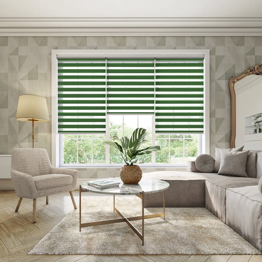 Day and night zebra blinds in a modern kitchen interior