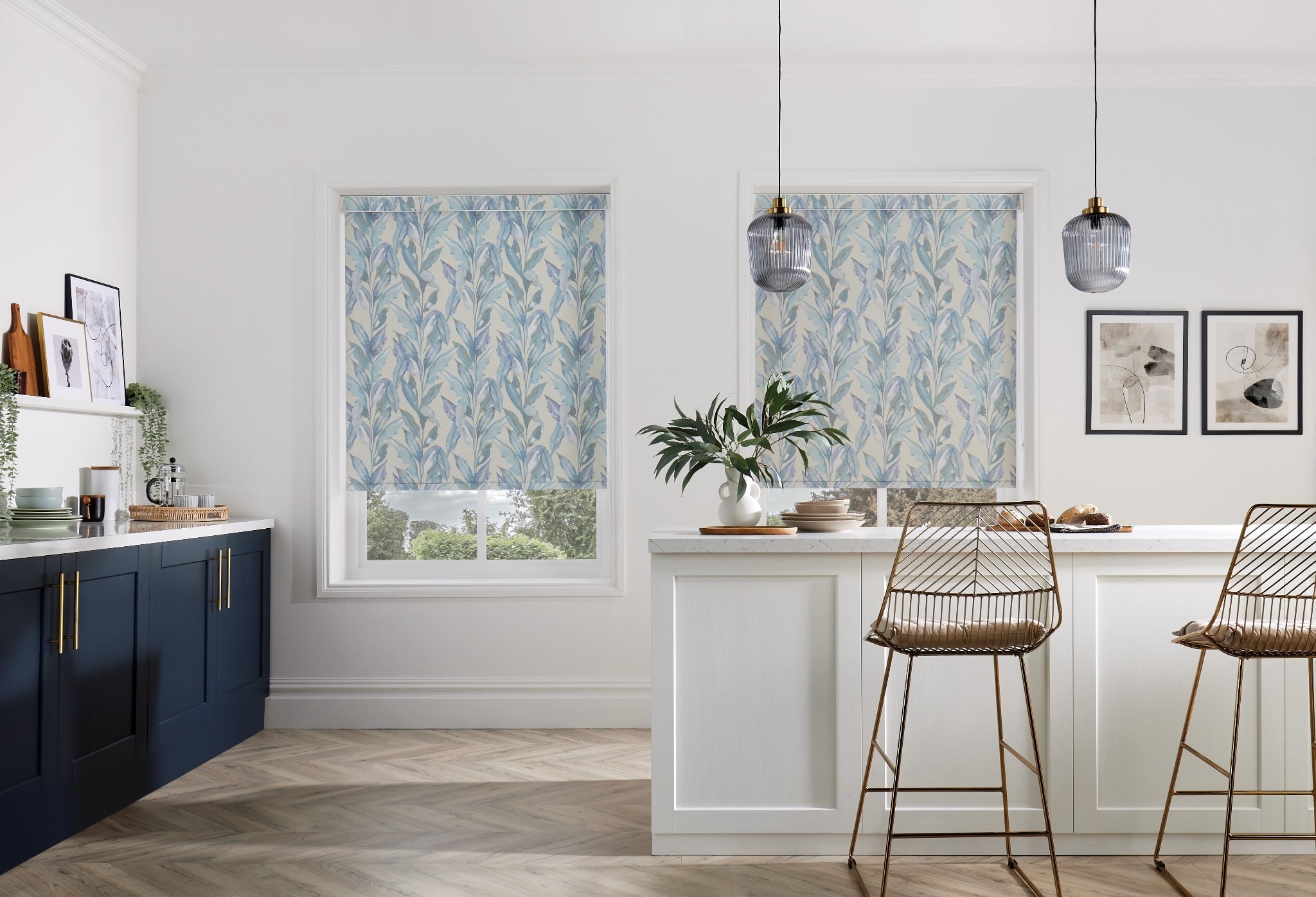 Elegant dining room with fabric roman blinds
